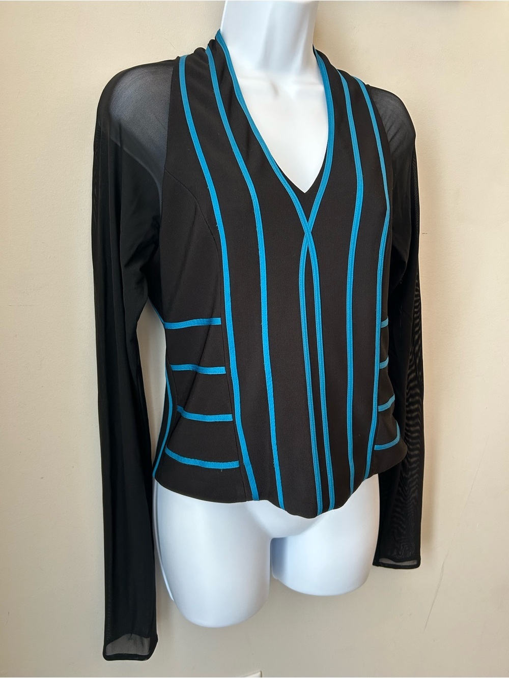 Y2K Cyber Chic Mesh Sleeve Illusion Top Black Blue Size 10